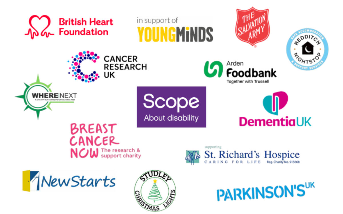 Different charity logos including: Scope, Arden Foodbank, Youngminds, Salvation Army, Redditch Nightstop, Dementia UK, St. Richards Hospice, Parkinson's UK, Studley Christmas Lights, NewStarts, Breast Cancer Now, Where Next, Cancer Research UK, British heart Foundation